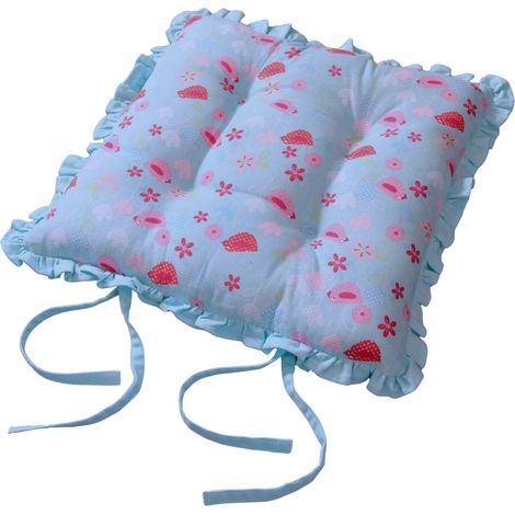 HOMESCAPES Reversible Blue Frilled Cushion Seat Pad with Ties Birds & Flowers