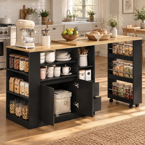 Îlot de cuisine 115x50x92 cm en MDF noir finition bois avec plateau pivotant extensible - CHICFURN (1/5)