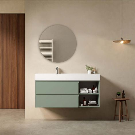 Mobile bagno sospeso 120 cm Verde Salvia Lavabo a Sinistra in Resina Specchio Tondo - Fiji Paint Plus (1/4)