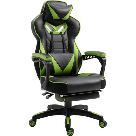 Silla Gaming Ergonómica Silla de Escritorio de Oficina Regulable en Altura Reclinable Respaldo con Reposapiés Reposacabezas Cojín Lumbar Ruedas 65x70x118,5-128,5 cm Verde (1/5)