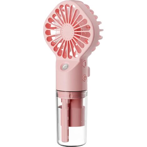 Ventilador portátil 2 en 1 con función de nebulización, mini ventilador con batería recargable USB-C y 4 velocidades ajustables (rosa). (1/5)