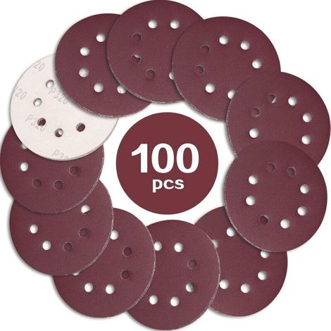 100 dischi abrasivi da 125 mm, grana 320, a 8 fori, in carta abrasiva, ideali per levigatura/lucidatura con levigatrici roto-orbitali. (1/2)