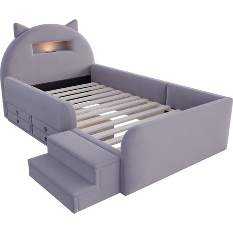 Letto bambino imbottito 90x200 cm in velluto grigio scuro, testiera con contenitore (1/5)