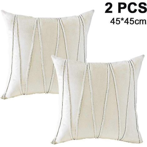 2er-Set dekorative, gestreifte Samt-Kissenbezüge, weiche, einfarbige Kissenbezüge, quadratische Kissenhüllen für Bett, Sofa, Couch, Auto, Wohnzimmer, 45 x 45 cm-White