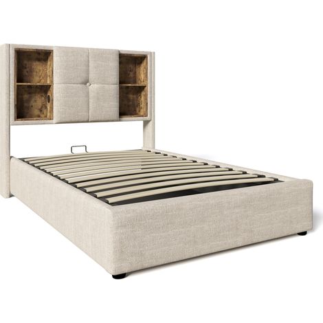Cama individual 90x200 cm de lino con carga inalámbrica, puertos USB y almacenaje (1/5)