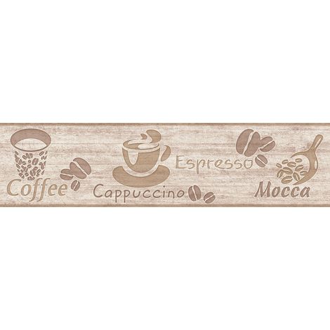 Frise papier peint cuisine beige marron motif café Frise tapisserie cuisine beige crème Frise murale tasse café pour cuisine (1/3)