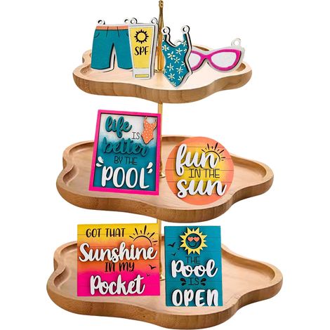 Présentoir à plateaux à étages en bois, support décoratif pour plateau de service à étages, style estival, plage ou ferme, pour la cuisine ou le comptoir. (1/5)