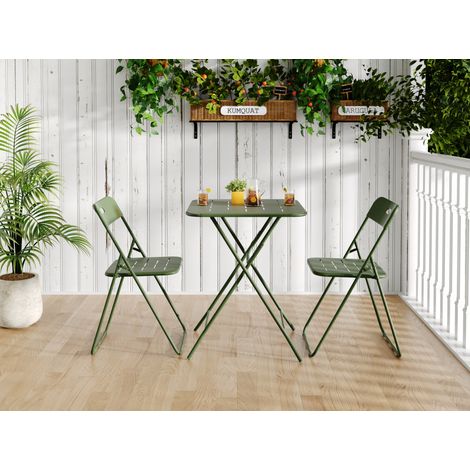 Ensemble bistrot 3 pièces 60x60 cm en acier vert, gain de place pour patio FloraGrace (1/5)