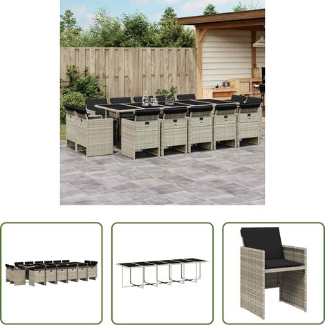 Essgruppe - 17-tlg. Garten-Essgruppe mit Kissen Hellgrau Poly Rattan (1/5)