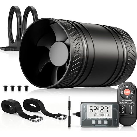 100mm In-Line Air Extractor Fan with Temperature and Humidity Sensor, Remote Control, 6 Speed, Timer, with Mounting Base, Silent for RV Ventilation (1/5)