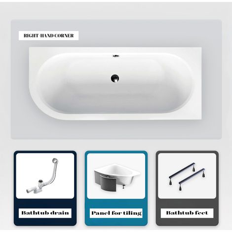 Asymmetrische Badewanne - 160 x 75 cm - Rechts - mit Verkleidung - mit Füßen - Ablaufgarnitur Chrom - AVITA SLIM