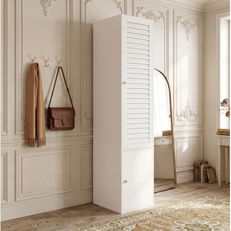 Armoire haute 1 porte à lames, penderie et 3 rangements, 45 x 50 x 200 cm, blanche REDOM (1/5)