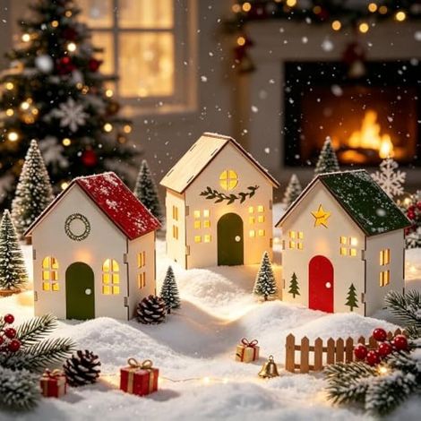 Village de Noël en bois, maison de Noël miniature illuminée (1/4)