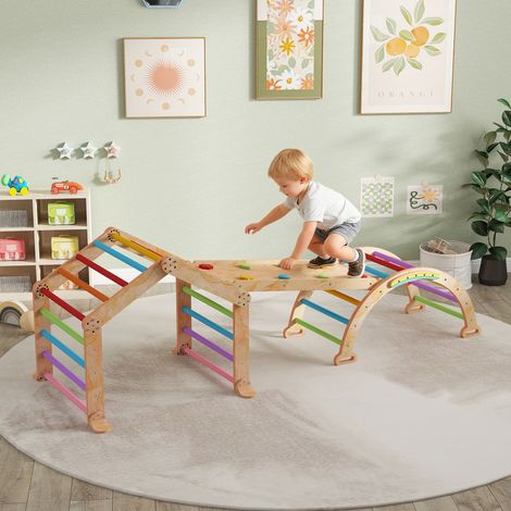 Triangle d'escalade enfant comprenant rampe réversible toboggan bascule et structure d'escalade multicolore (1/4)