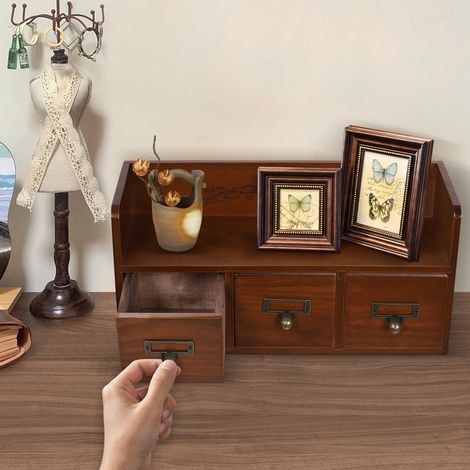 Boîte de rangement de bureau, trois tiroirs, accessoire de rangement de style vintage pour tiroirs, adapté aux fournitures de bureau, 38,5 x 14,5 x 18,5 cm, couleur naturelle (1/5)