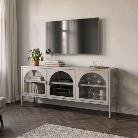 Vitrinen-Sideboard Klippestad Stahl 118x35x55 cm Kamelfarben [en.casa] (1/5)