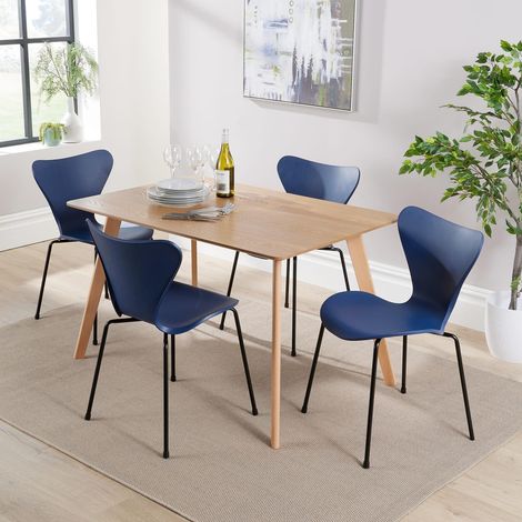 Dining Table Set 120cm Veneer Top Beech Legs 4 Curved Blue Plastic Metal Chairs (1/5)