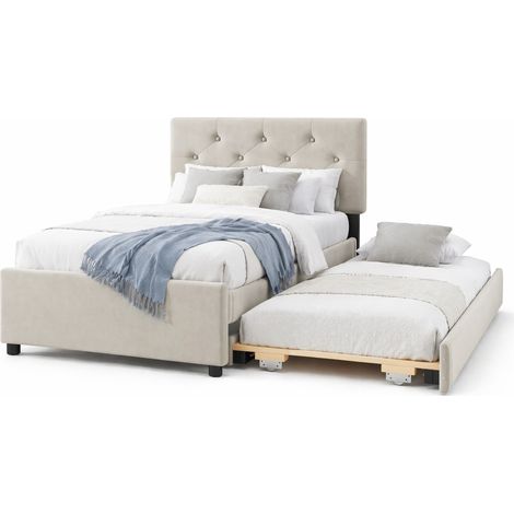 Cama nido 90x200 cm beige en terciopelo y MDF con somier y cama extraíble (1/5)