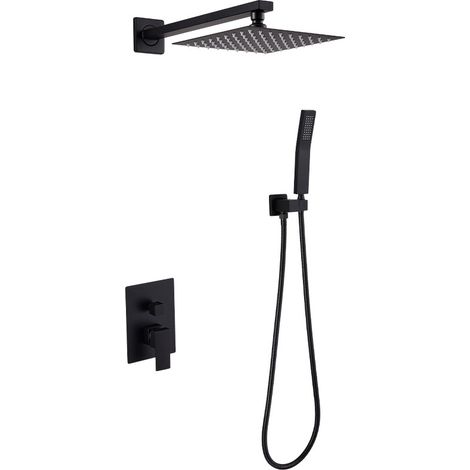 Kit de douche encastré noir mat 2 fonctions, ensemble de douche mural avec boîtier encastré thermofusion, douche de tête carrée 10 pouces en acier inoxydable 304, douchette à main, mitigeur en cuivre (1/5)