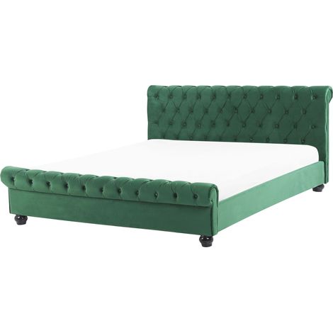 Letto Imbottito Velluto Effetto Lino Verde Rete a Doghe 160 x 200 cm Avallon