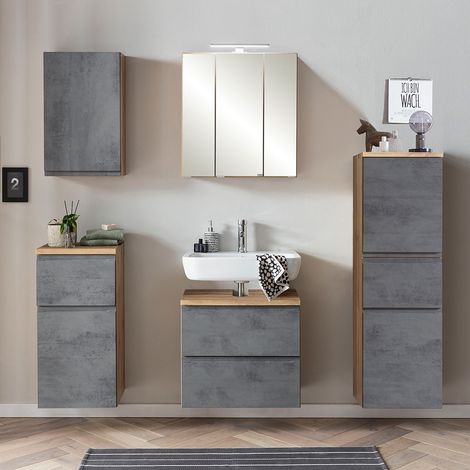 Badmöbel Set mit Midischrank, stehend oder hängend, in Wotan Eiche Nb. mit Beton Optik, VASTO-03-CONCRETE, B/H/T ca. 170/200/35 cm (1/5)