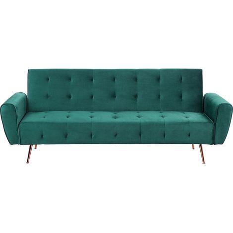 Sofá cama moderno de terciopelo convertible con capitoné bolsillo lateral patas de metal cobre verde Selnes (1/5)
