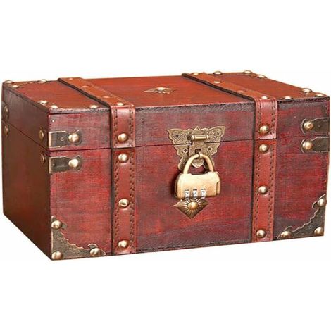 Coffre au trésor décoratif en bois usiné, boîte de rangement avec serrure à combinaison 3 chiffres, dimensions 18x11x10 cm (1/5)