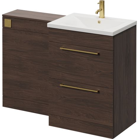 Napoli 460 Cento Brown Oak 1200mm 2 Drawer Vanity Unit Toilet Suite with Glide Basin - 1200mm - Brushed Brass 320mm HandleWithout Kingston Toilet Pan