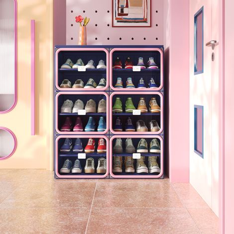 Meuble à Chaussures Pliable 6 Niveaux Double Colonne Armoire Rangement Plastique sans Installation Gain de Place Portes Magnétiques Transparentes - Bleu (1/5)