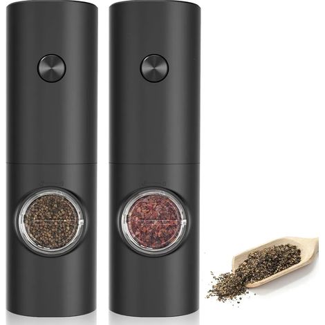 Set di due macina sale e pepe elettrici senza fili in acciaio inossidabile, con macinatura regolabile, leggeri e utilizzabili con una sola mano. (1/5)