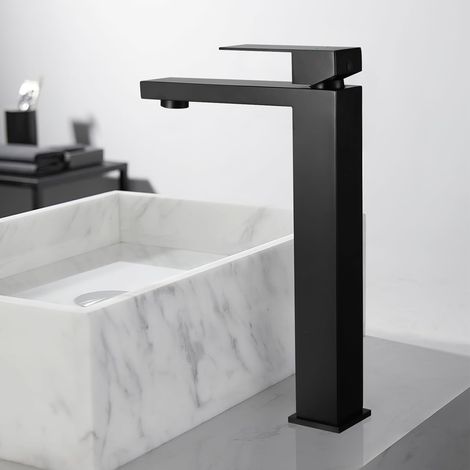 Mitigeur Évier Noir 24 cm, Robinet Lavabo Salle de Bain en Inox 304, Design Moderne et Durable, Mélangeur Haut Bec (1/5)