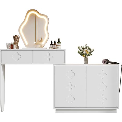 Coiffeuse avec Miroir LED 3 Couleurs, Table de Maquillage Blanche avec 2 Tiroirs et Armoire, Meuble Chambre 160x40x132 cm (1/5)