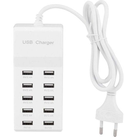 Cargador USB Crezuo de 10 puertos y 5 V, carga rápida inteligente para teléfonos móviles, cargador USB portátil para viajes (enchufe europeo)