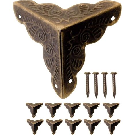 10 Furniture Corners, Antique Design, Metal, Edge Protector Corners for Crates and Furniture in Vintage Style, Antique Brass Design, Nails Included (1/5)