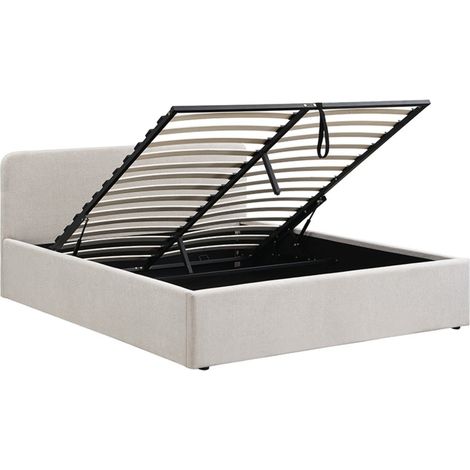 CALICOSY - Lit coffre 140x190 cm avec tête de lit en tissu beige chiné - LIOR