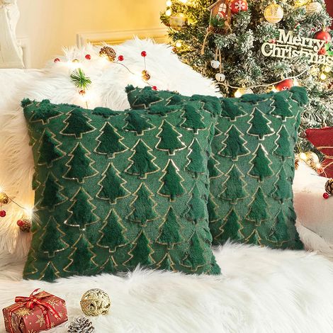 Housses de coussin de Noël 18 x 18 pouces, set de 2, sapin de Noël vert avec paillettes dorées, housses de coussin en fausse fourrure pour décoration de maison, canapé et sofa (1/4)
