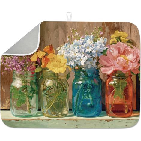 Vases à fleurs vintage tapis de séchage pour comptoir de cuisine 45,7 x 61 cm, tapis d'égouttement absorbant à motif floral, grand tapis résistant à la chaleur pour robinet de table, évier (1/5)