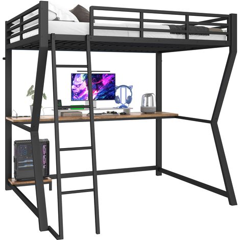 Lit mezzanine 140x200 cm avec bureau, LED d’ambiance, prise USB, tablette PC, échelle, garde-corps, structure métal MDF, sans matelas - CHICFURN (1/5)