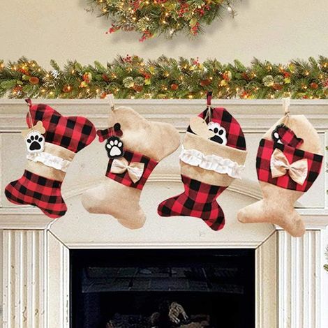 Chaussettes de Noël pour animaux, lot de 4, chaussettes en toile de jute à carreaux pour chats et chiens, chaussettes de Noël à suspendre à la cheminée ou au sapin. Décoration de Noël (1/3)