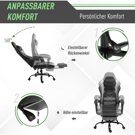 Fauteuil de gaming ergonomique, bureau et ordinateur, pivotant réglable en hauteur, coussin lombaire ajustable avec repose-pieds, noir 62x52x128 cm (1/5)
