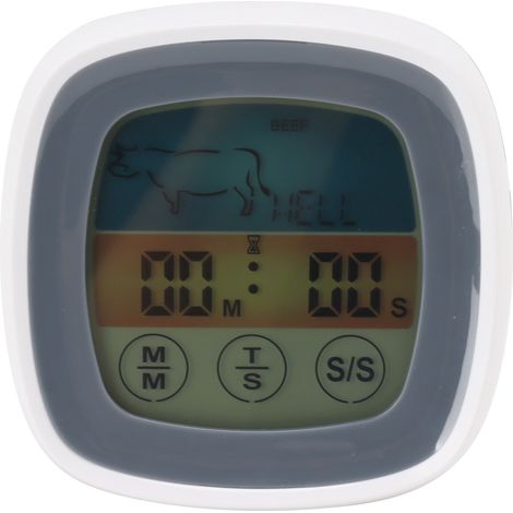 Thermomètre de cuisine tactile avec affichage numérique et minuteur, thermomètre de terrain pour barbecue, gris avec cadre central blanc.