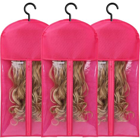 Bolsa de almacenamiento de pelucas de 3 piezas con ganchos, con capacidad para varias pelucas, adecuada para extensiones de cabello, pelucas y accesorios (rojo rosado). (1/5)