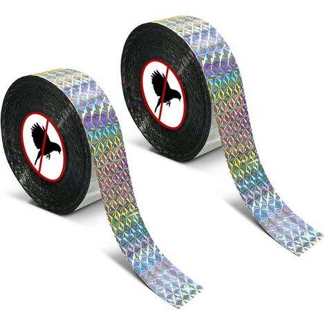 Vogelabwehrband, 2 x 100 Meter lang, 2,4 cm breit, reflektierend, zur Abwehr von Vögeln und Spechten. Das reflektierende Band schreckt Vögel ab. (1/4)