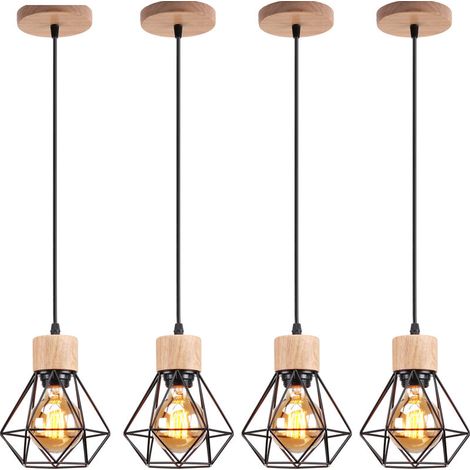 – Lot de 4 lustres suspension cage diamant en métal E27 – Plafonnier en bois noir – Câble ajustable 100cm – Convient pour cafés et salons (1/5)