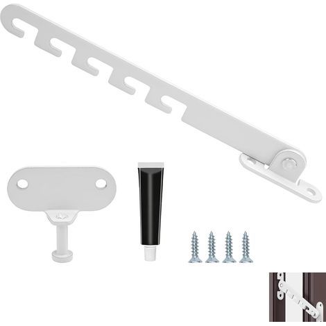 Entrebâilleur de Fenêtre, Limiteur Ouverture Fenetre à Battant Réglable en Métal, Limiteur d’Ouverture Multi-Positions avec Crochet de Sécurité, Verrou Anti-Claquage pour Fenêtres PVC Aluminium, Blanc (1/5)