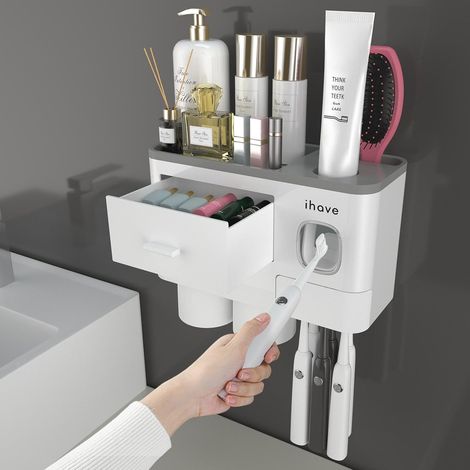 Porte Brosse à Dents Mural avec Distributeur de Dentifrice – Support Brosse a Dent Electrique, Auto-adhésif sans Perçage, Tiroir (1/5)