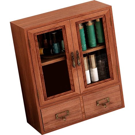 Meuble de rangement bois bureau avec deux portes et tiroirs grain visible vintage coffret à bijoux pour parfum tasses cosmétiques (1/4)