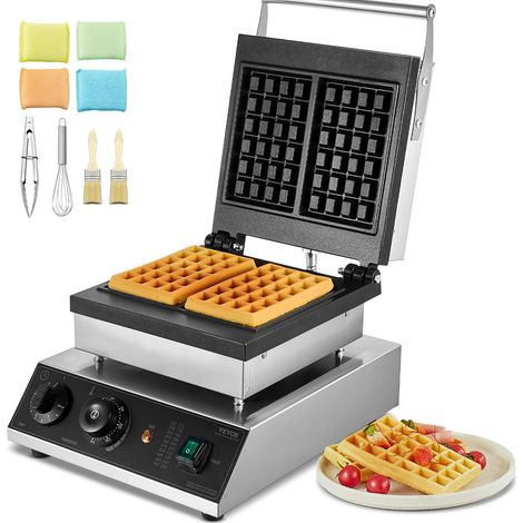 VEVOR Macchina per Waffle Commerciale, 2 Pezzi per Waffle Belga Rettangolare in Acciaio Inox Antiaderente 2000 W con Controllo Temperatura Tempo, Maniglia, per Ristorante, Panetteria, Snack Bar (1/5)
