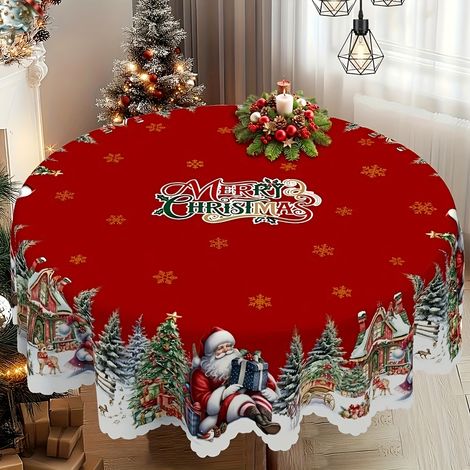 Nappes de Noël et de Nouvel An, nappes à motifs Père Noël, bonhomme de neige et sapin de Noël, nappes de Noël, nappes rondes (1/4)
