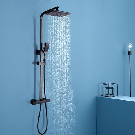 Système de douche avec thermostat, mitigeur de douche, douche à effet pluie, douchette à main et étagère en verre chromé, kit complet avec bec inférieur en acier inoxydable, colonne de douche, douche (1/5)